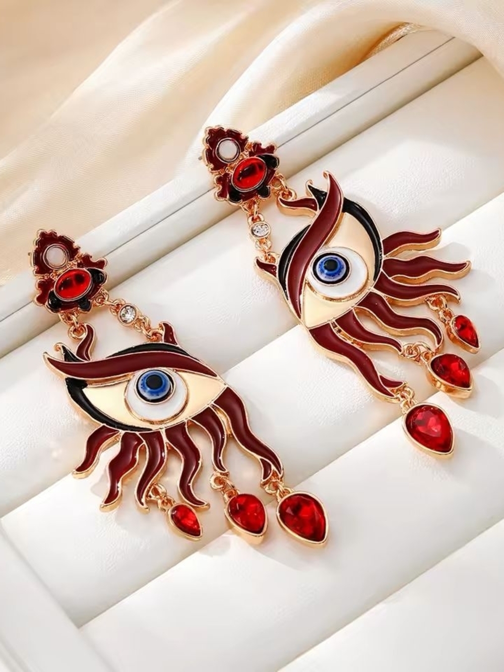 Luxe Elegance Red Eye Motif Drop Earrings - Picture 5 of 6